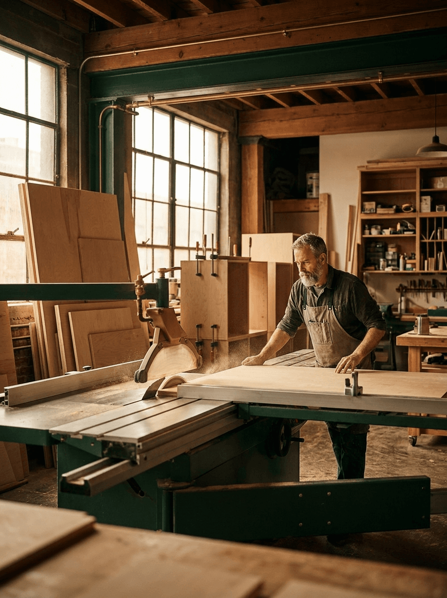 Craftsman cutting plywood on the panel saw in the Atlas Spaces cabinet shop
