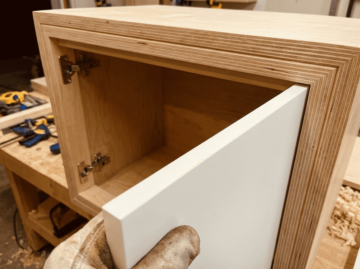 Frameless plywood cabinet box with Blum concealed hinges