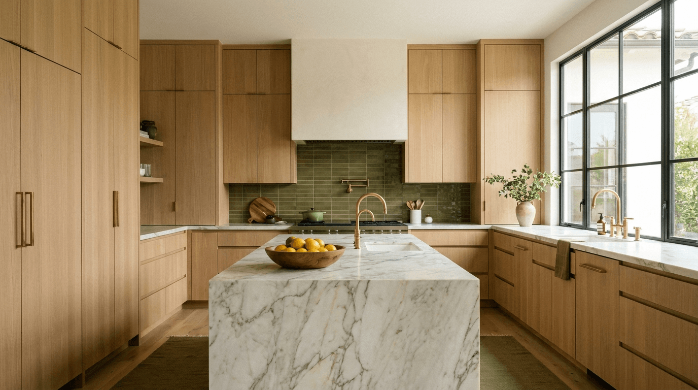 White oak custom kitchen with marble waterfall island