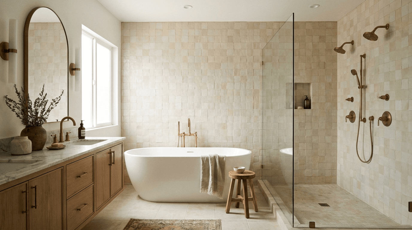 Spa bathroom with freestanding tub and custom oak vanity by Atlas Spaces