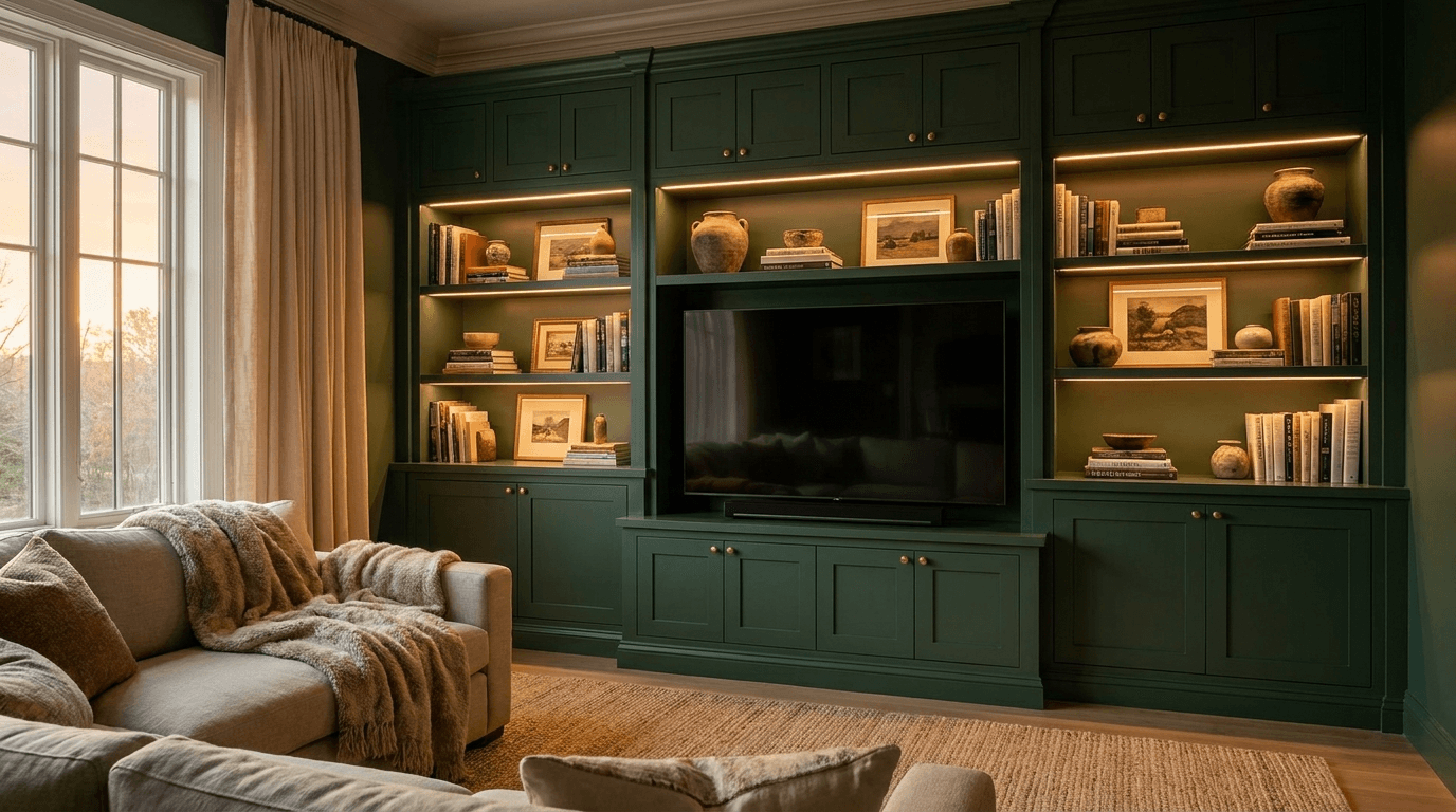 Floor-to-ceiling green built-in media wall