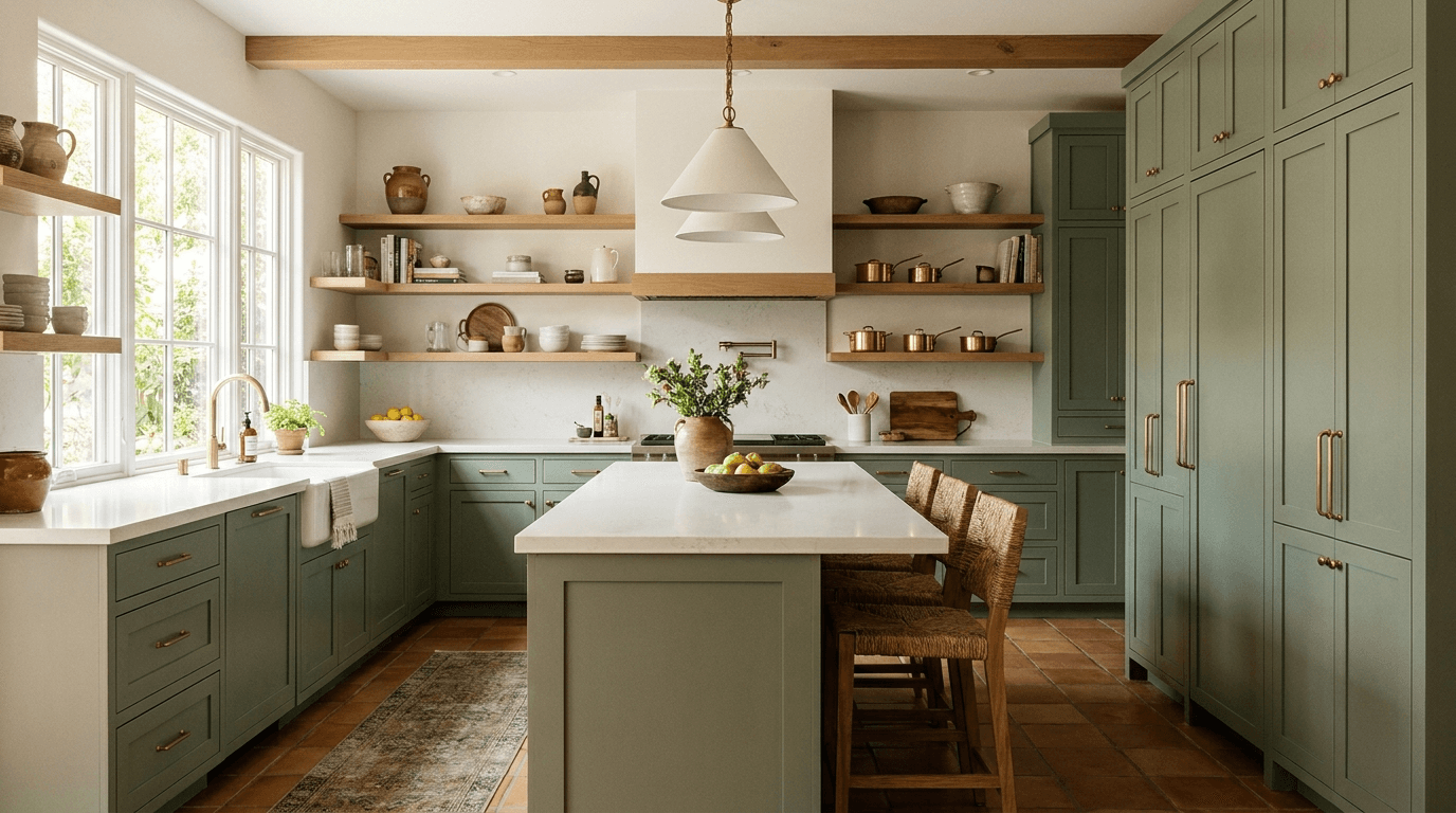 Custom sage-green shaker kitchen with brass hardware by Atlas Spaces