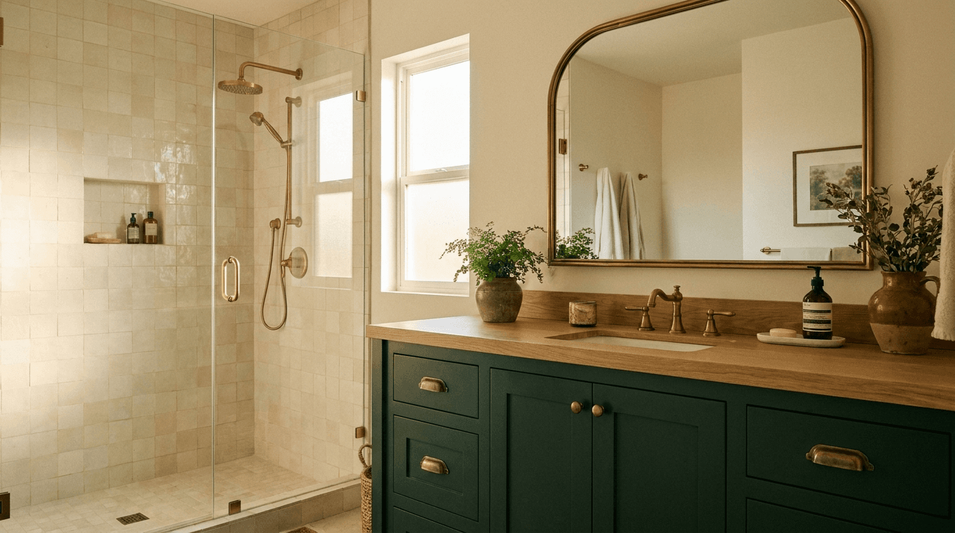 Deep-green custom vanity with brass pulls and zellige shower
